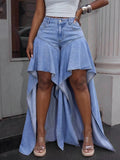 Fashionjeans women's light blue fishtail slit ruffles wide-leg pants high waistasymmetricalmop denim pants