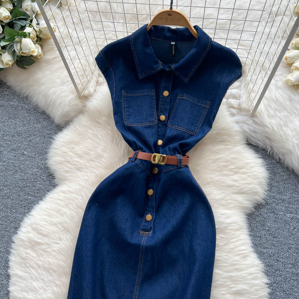 French chic, minimalist polo collar denim dress with metal buckle detail: sleeveless, fitted, bodycon midi dress