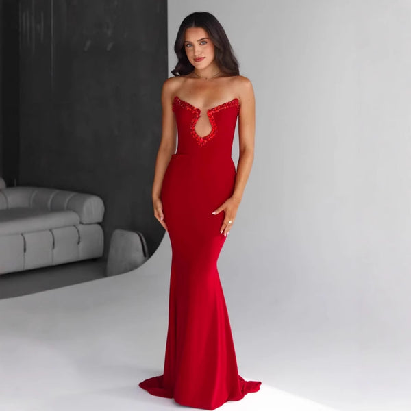 women's clothing 2025 spring and summer Europe and the United States  red diamond bandage evening dress women's banquet temperament light luxury