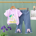 Girls' denim two-piece set: butterfly appliqué jeans & cute bunny top - new summer  collection