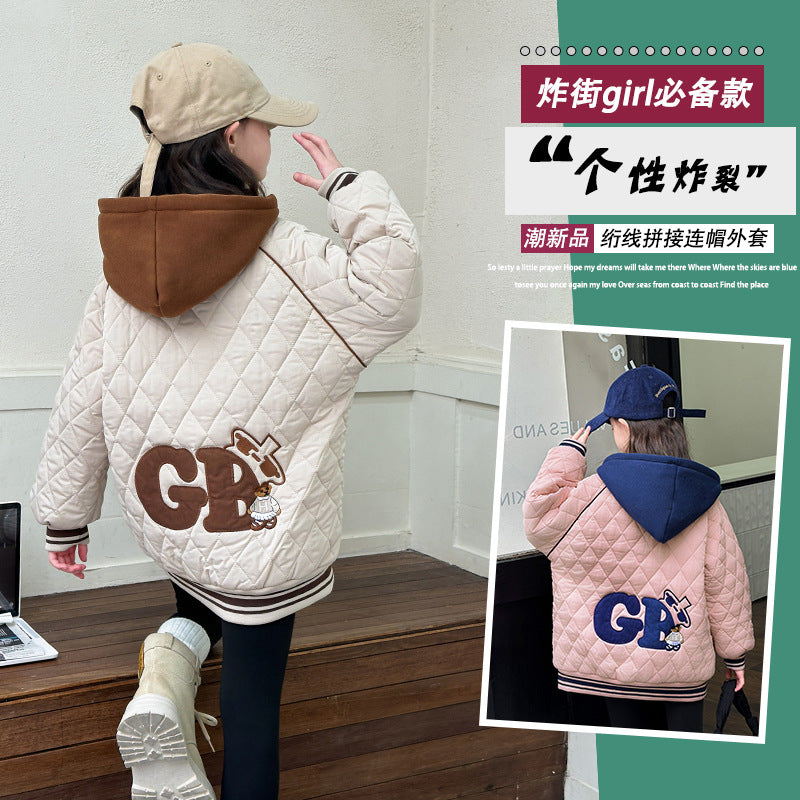 Girls' cotton-padded jacket, new  collection, autumn/winter outerwear for mid-to-large children, fleece-lined and extra thick, stylish and trendy, warm top for girls