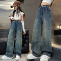 Girls' pants - spring/autumn  new arrival: trendy retro-style loose-fit jeans for mid-to-large children, wide-leg design