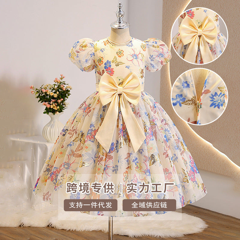 European and american style girls' princess dress - new cross-border export dress with bow, cute, fashionable, and printed women's dress