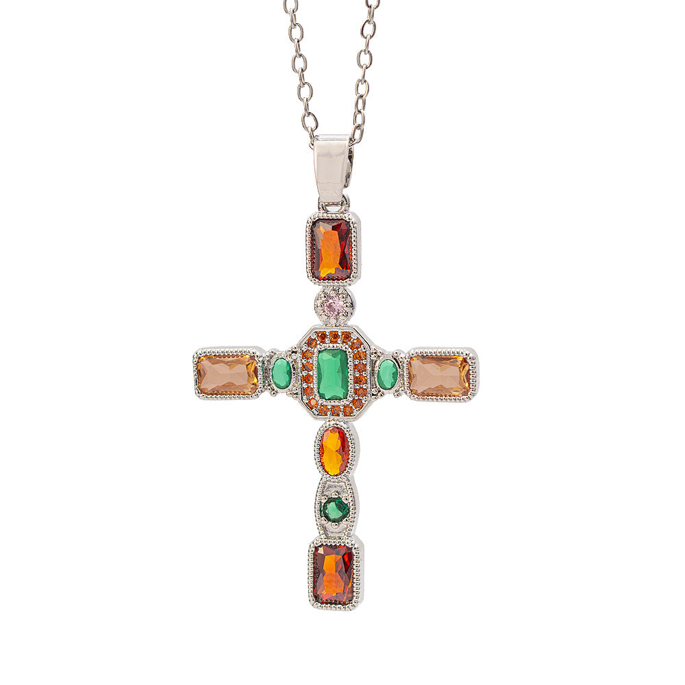【titanium steel】cross-border fashionable colorful zircon cross necklace for women - high-end, light luxury sweater chain jewelry