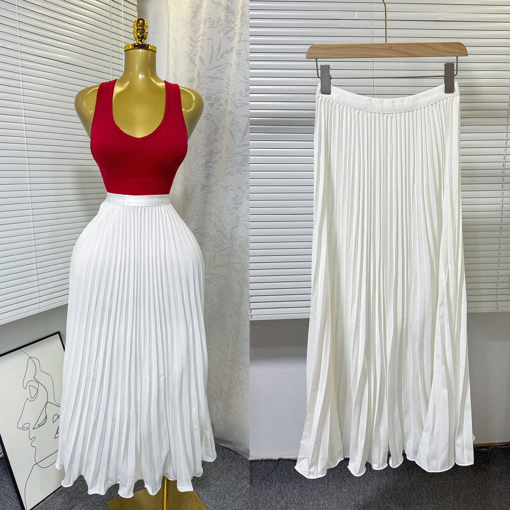 K-stylehigh waist elastic waist pure colorpleated skirt a-line skirt slimming lookeasiest for matchwork clothing skirt