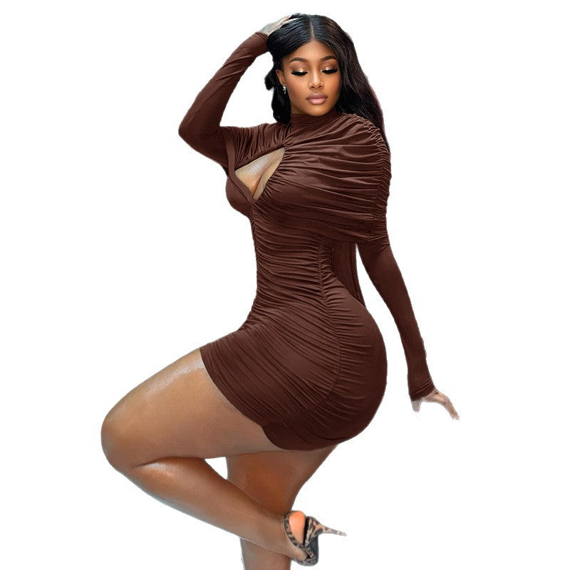 Fashion styleexport design trendy women's clothingsexycut out hip skirt slim fit turtleneck long sleeves western style short dress