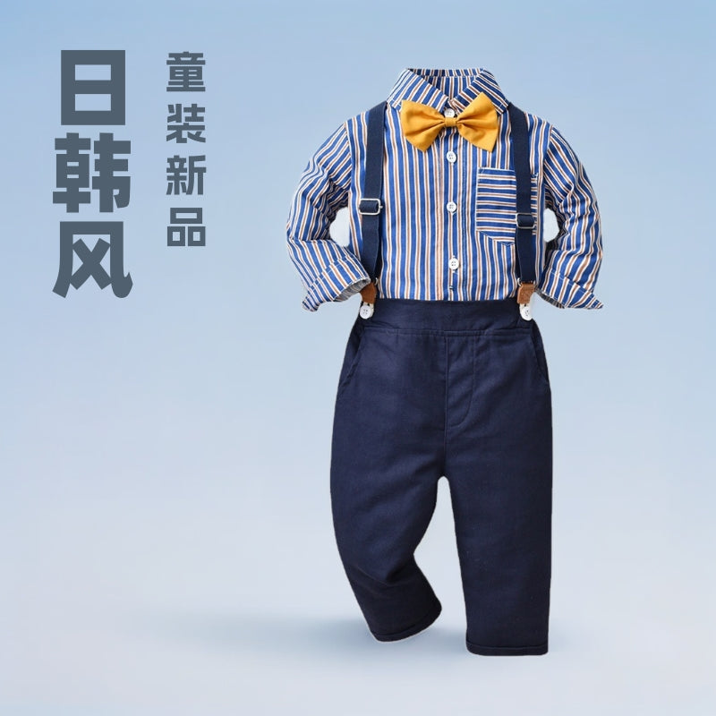 Japanese and korean boyssuitpopularstripeslong sleevesshirtchildren's clothingtrendykidsautumnew arrivaldungareesgentleman's dress