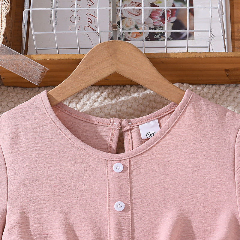 hot-selling girls' clothing,  spring/summer new arrivals: elegant and chic solid color, minimalist short-sleeved, cinched-waist, flared dress