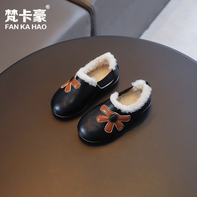 Girls' fleece-lined leather shoes, autumn/winter , double-layer cotton campus flats, loafers, princess shoes for girls