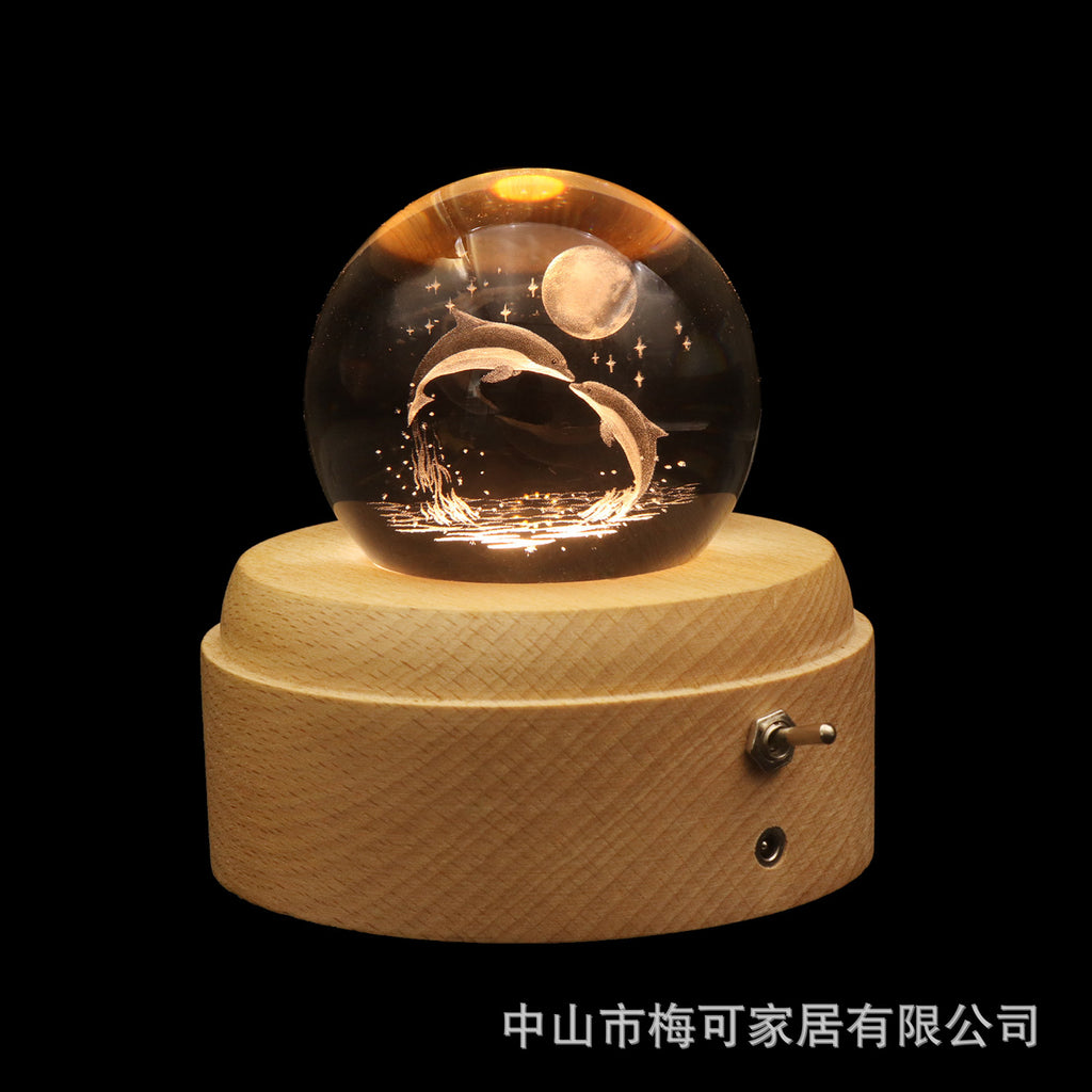 ins girl bedside lamp music box crystal ball wooden base music box charging luminous rotating music box