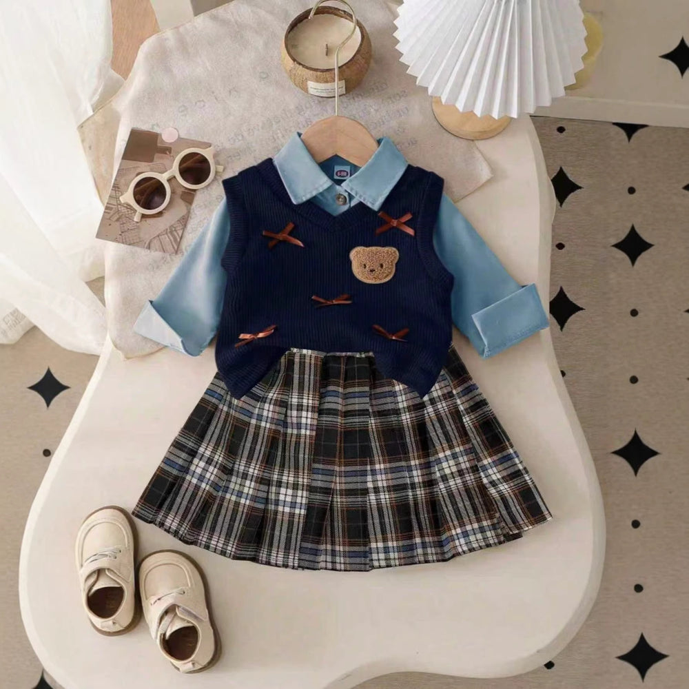 autumn newborn & toddler preppy style shirt, knit vest, and pleated plaid skirt three-piece set