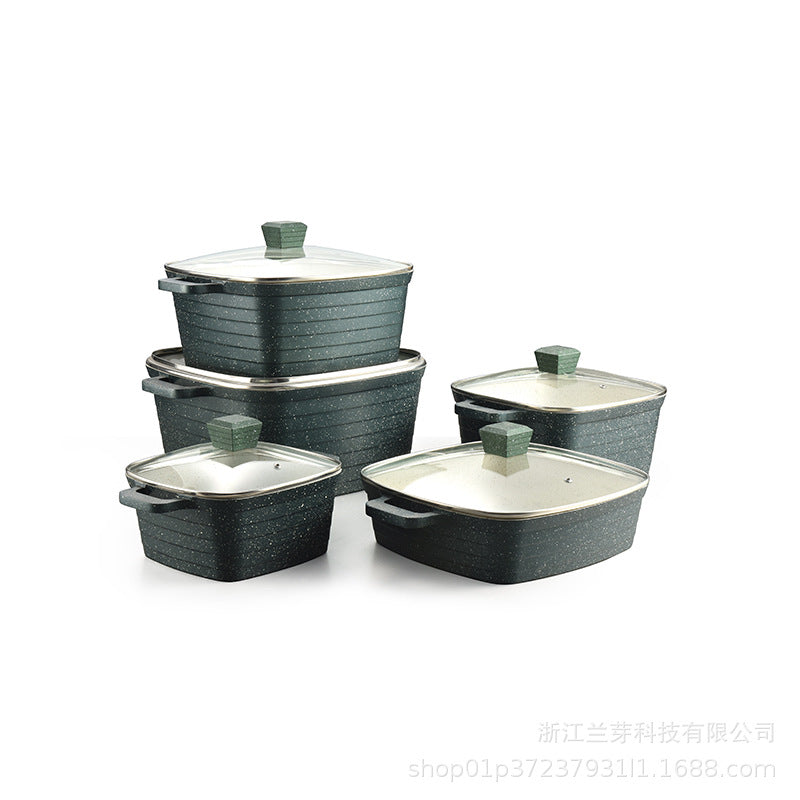 Personalized oem square for home non-stick pot soup pot die-cast aluminum pot high and deep ten-piece kitchen pot set stew pot