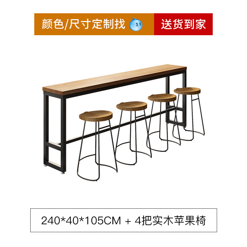 Bar table and chair combination Industrial style wrought iron solid wood bar High foot milk tea shop Cake shop Narrow table against the wall
