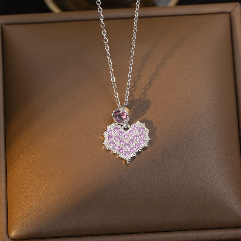 【set】titanium steel necklace for women, sweet full diamond dreamy purple heart pendant earrings, high-end elegant jewelry set