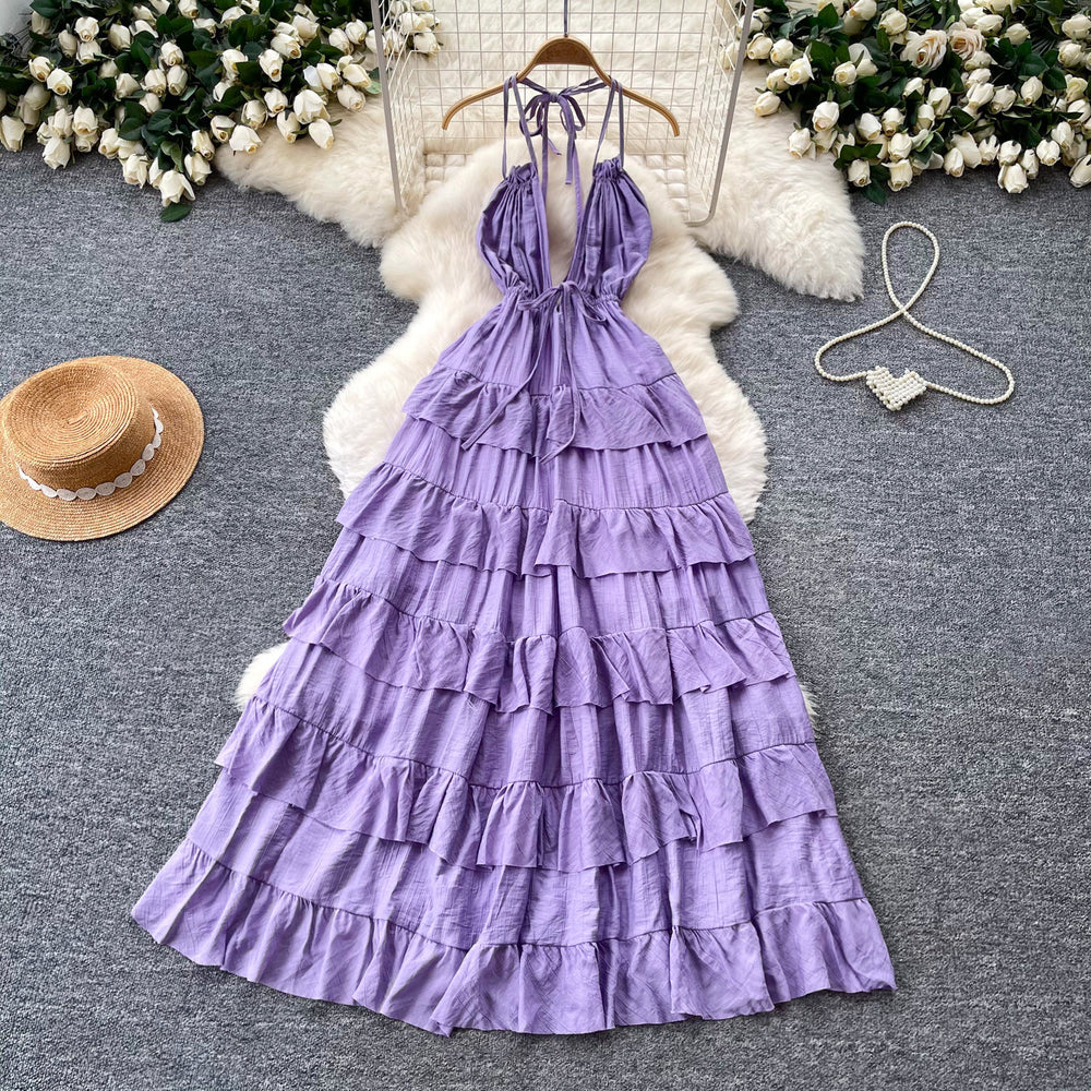 Luxury european and american style halter neck slip dress - women's summer deep v tie-waist exquisite high-end tiered maxi dress