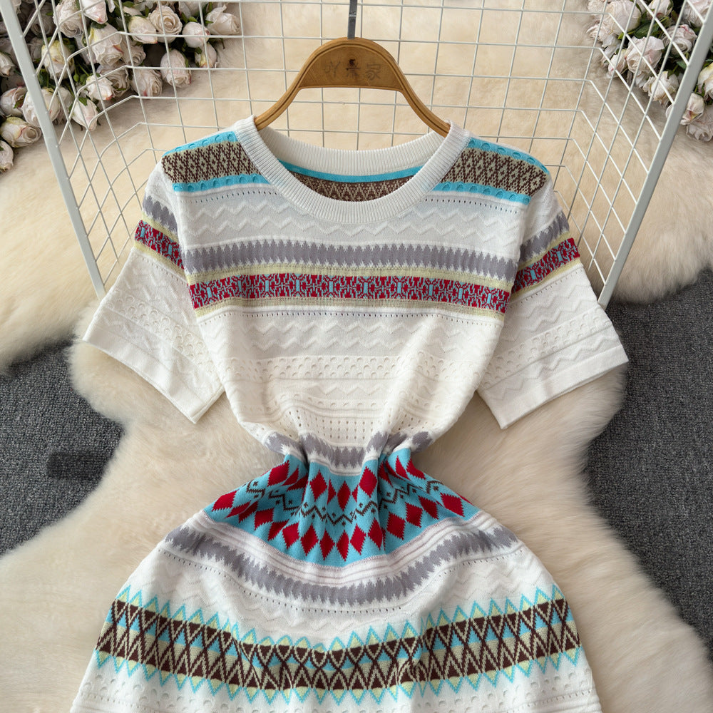 Small fresh stripesdress female summer french style retrosense of design age reduction sweet ethnic style knitting skirt