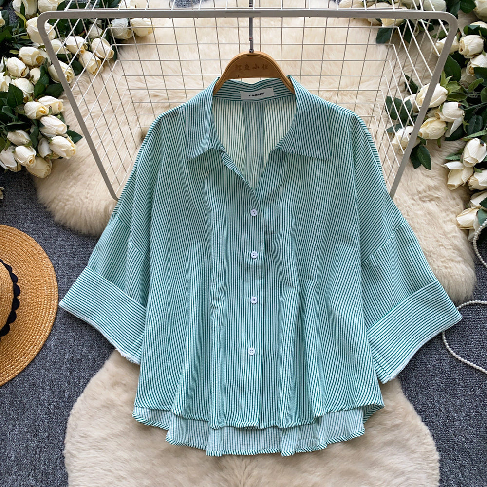 Korean style fashionable young lady shirt -  new arrival - versatile commute, casual, slimming long sleeve striped top for summer