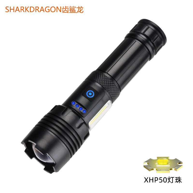 ABS strong light flashlight USB charging outdoor zoom remote shooting built-in battery P50 + COB side light LED flashlight
