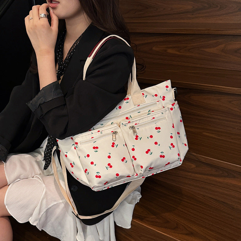 New Corduroy Printed Cherry Women's Tote Bag Shoulder Crossbody Bag Casual Large Capacity Handbag Mommy Bag