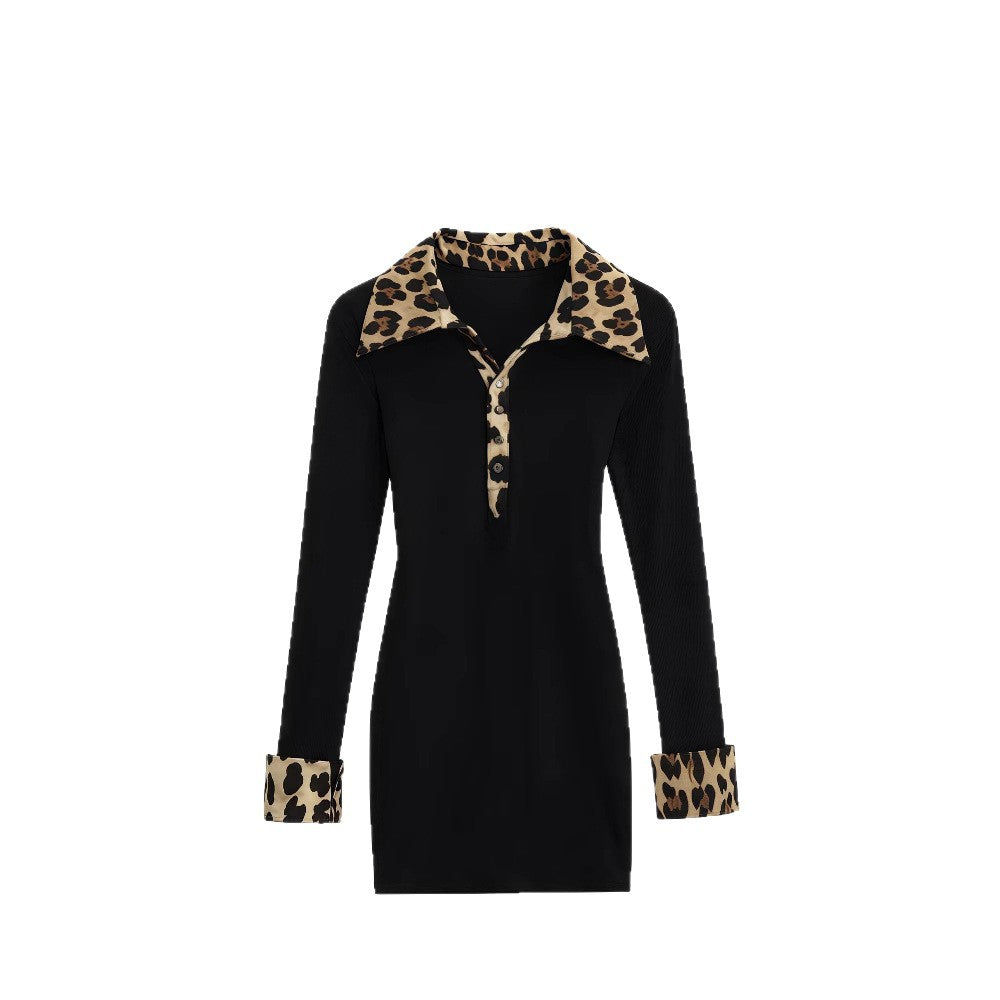 European and american cross-border women's fashion  summer new arrival: long sleeve deep v leopard print turn-down collar sexy bodycon mini dress