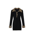European and american cross-border women's fashion  summer new arrival: long sleeve deep v leopard print turn-down collar sexy bodycon mini dress