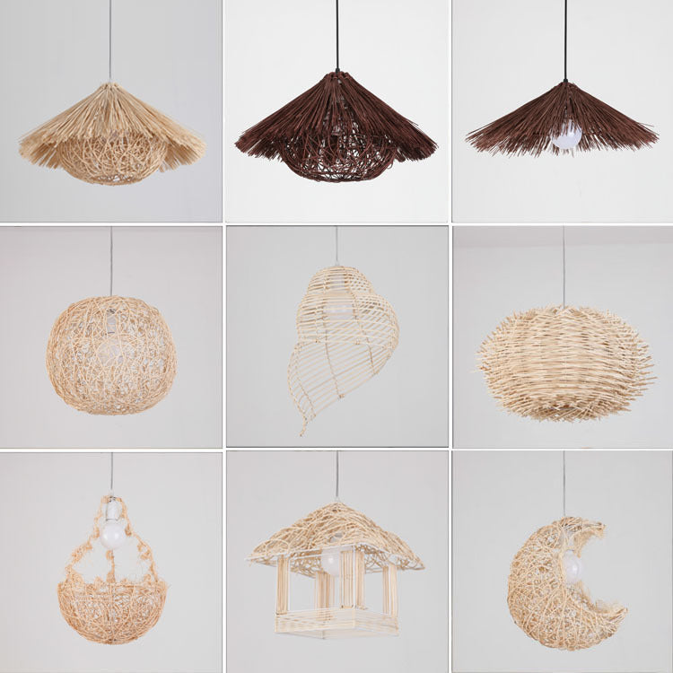 Vintage rattan straw hat chandelier rattan art round bird's nest Chinese pastoral hotel restaurant agritainment bed and breakfast straw hat lamp