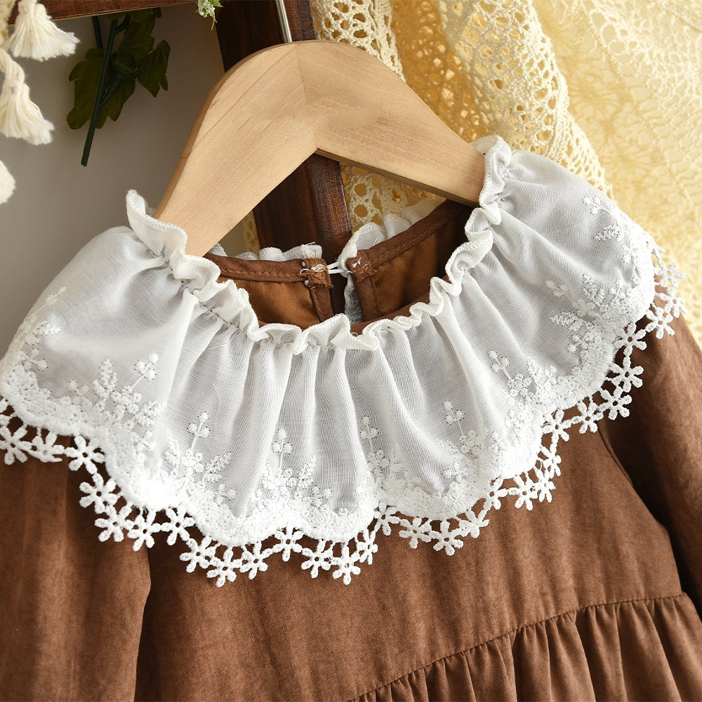 Spring & fallnew arrivalgirlfrench palace embroiderdressfemale baby elegant lapel lacelong sleevesprincess dress cross-border