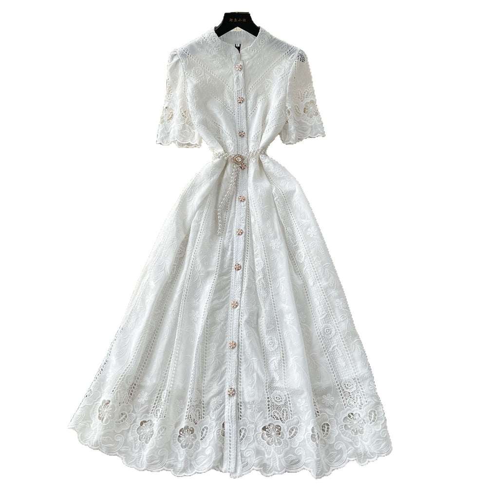 summer women's dress: unique, high-end, cutout embroidery, single-breasted, cinched waist, elegant knee-length maxi dress