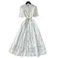 summer women's dress: unique, high-end, cutout embroidery, single-breasted, cinched waist, elegant knee-length maxi dress