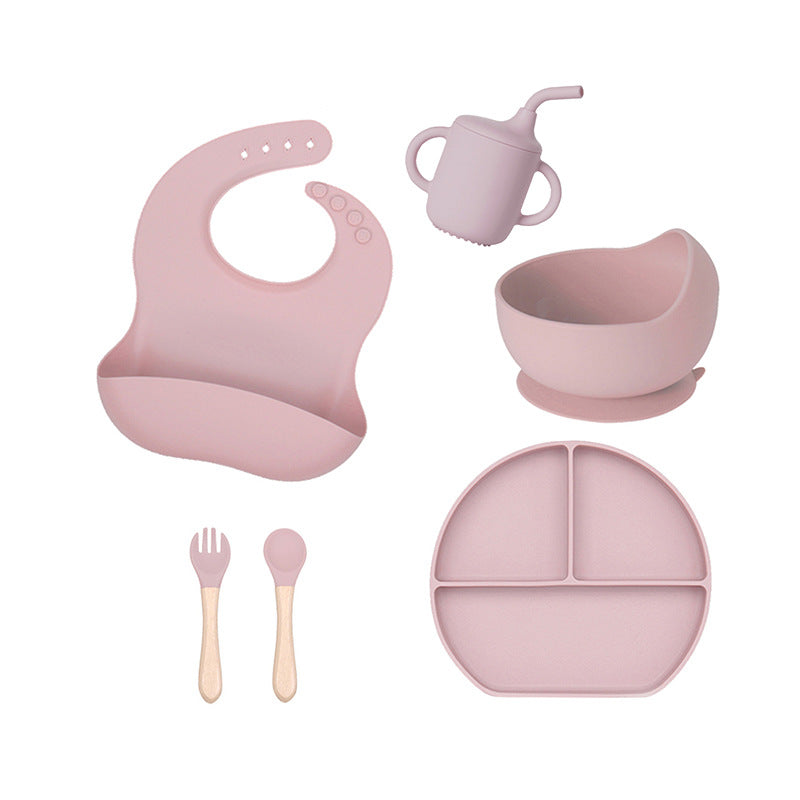 Baby silicone tableware 6-piece set Children's silicone bowl Suction cup Plate Water cup Wooden handle Fork spoon Wholesale Spot tableware