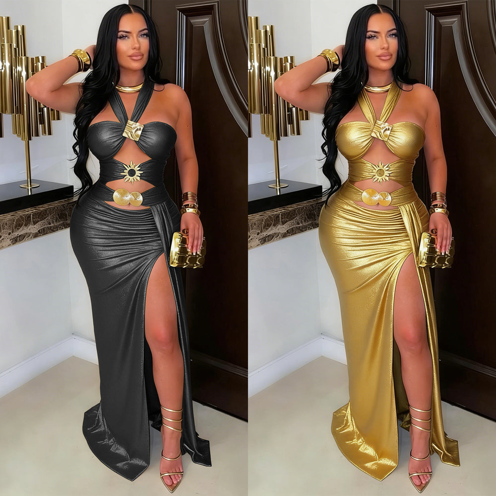 C7666 cross-border   fashion women's elegant sexy lace-up backless bodycon dress