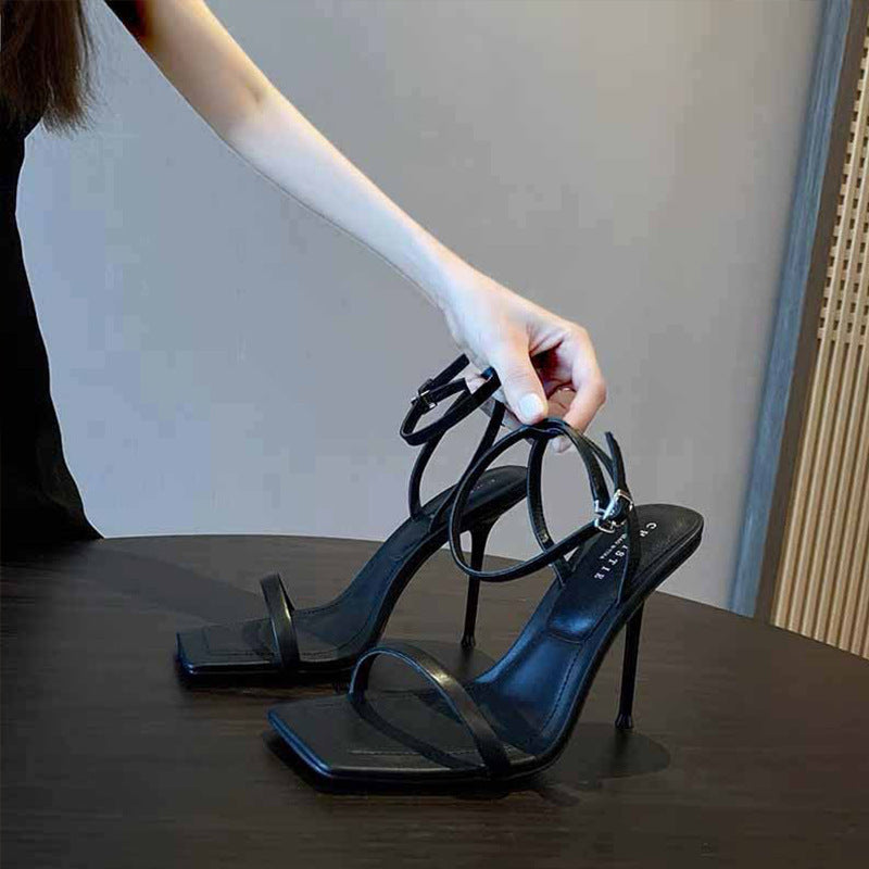 Black high heel sandals women's summer classic one-strap stiletto heels 2025 new arrivals - chic & sophisticated style