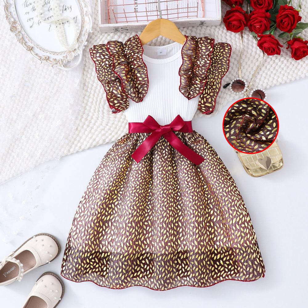 Girls' dress for toddlers and young children, ruffle sleeve ribbed knit cutout patchwork dress
