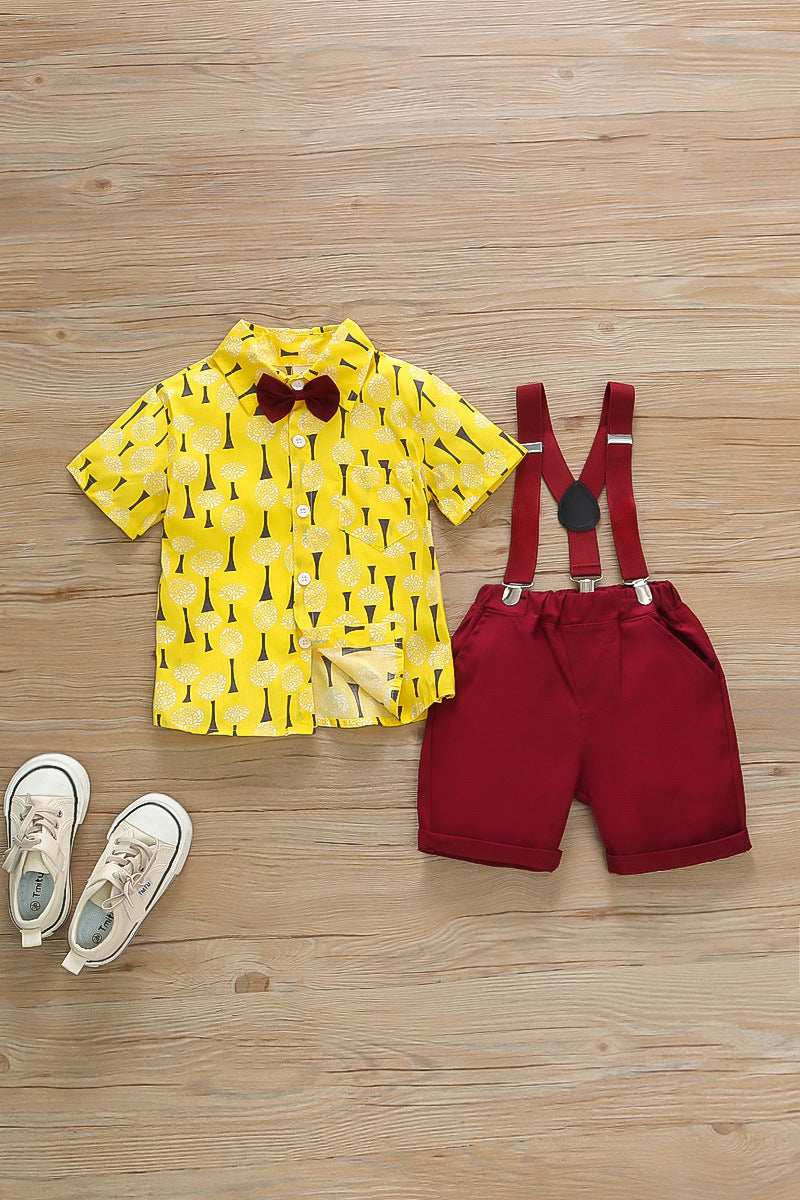 New spring/summer boys' printed short-sleeve and shorts set - gentleman's vacation style two-piece outfit