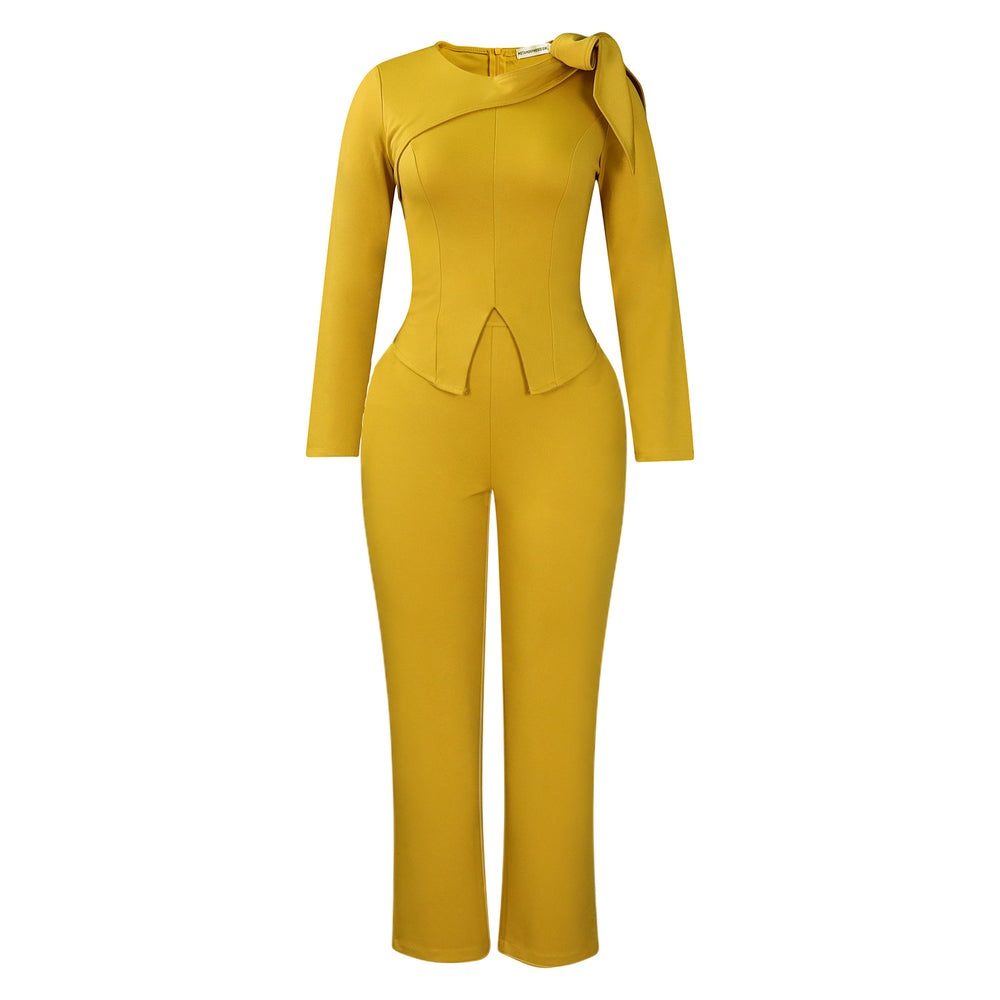 D546  fashion women's winter new arrival: stylish and elegant solid color long sleeve top and pants african print set