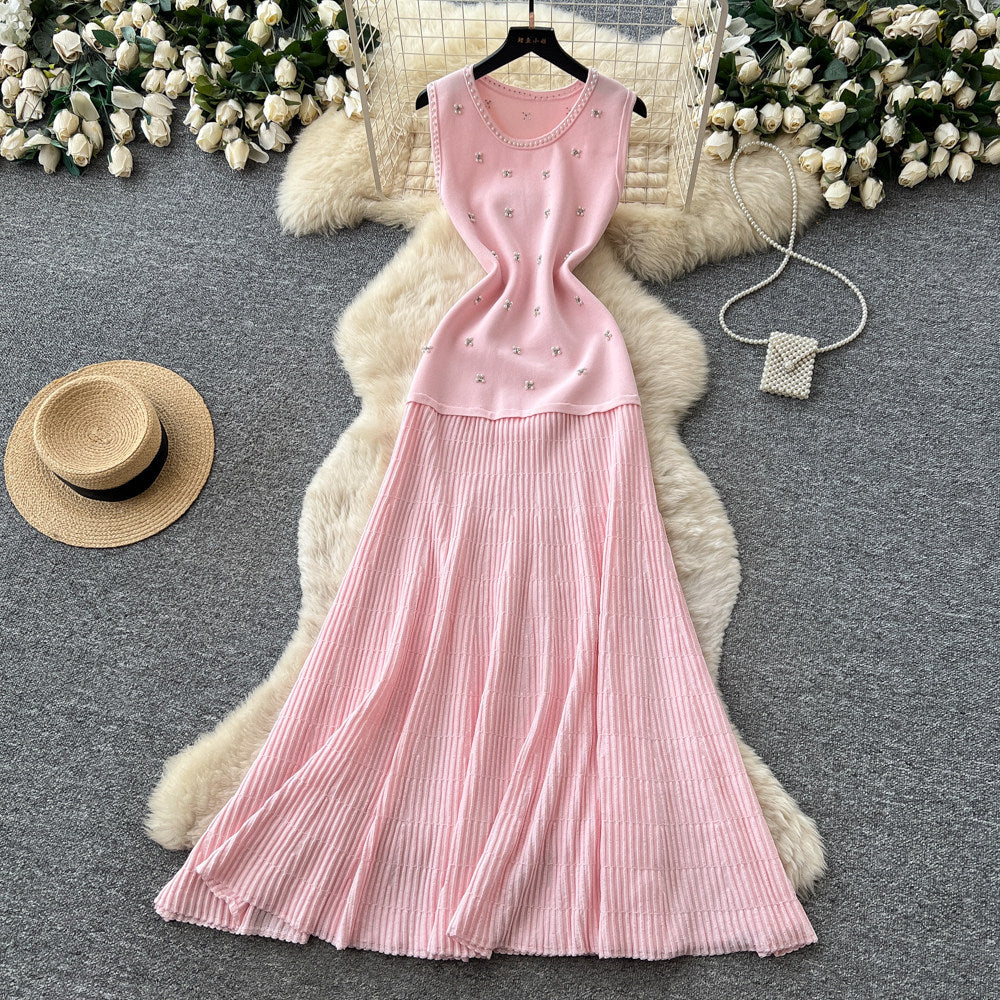 French chic sleeveless beaded knit dress - women's summer high-waisted a-line dress - slimming, elegant, and versatile workwear maxi dress