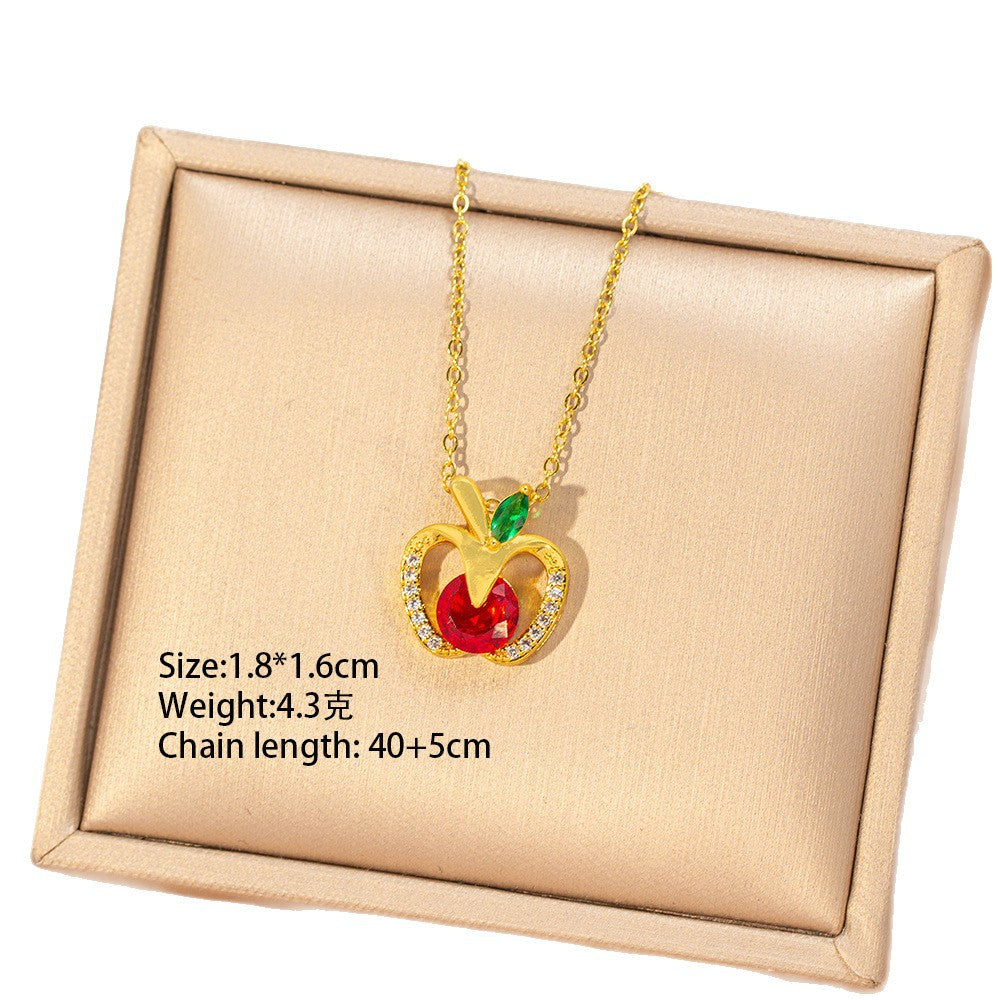 [titanium steel] cross-border popular copper inlaid zirconium apple necklace for women, high-end simple fashion exquisite clavicle chain jewelry