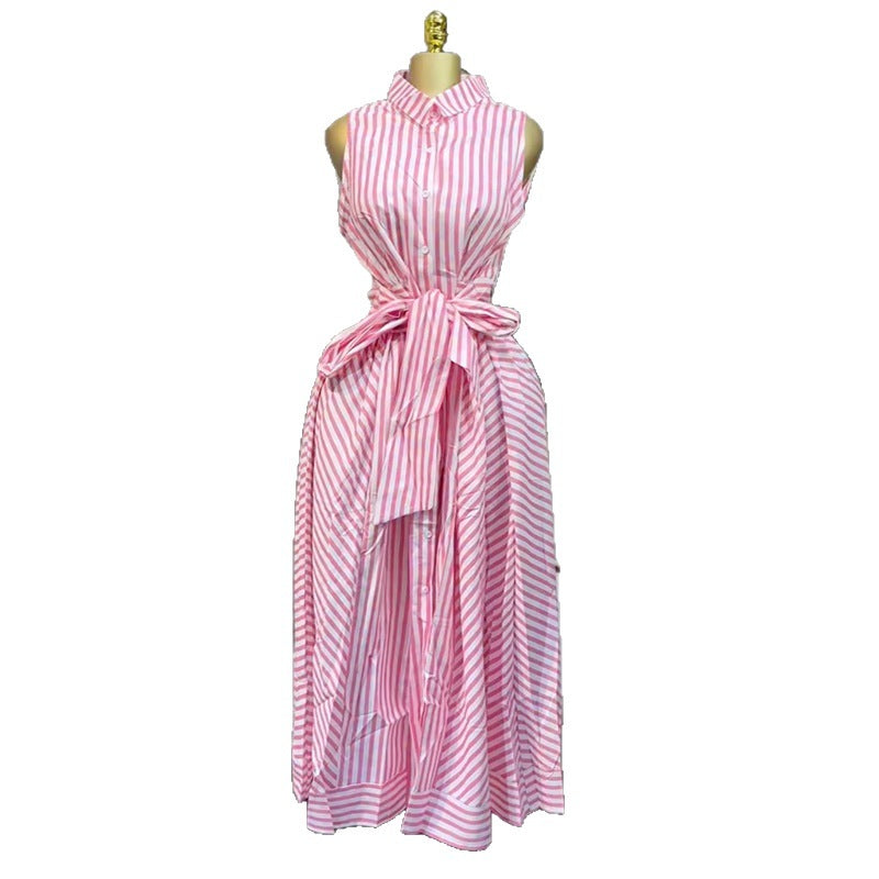European and american cross-border women's fashion:  spring new arrival - elegant sleeveless striped shirt dress with tie waist, mid-length