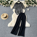 European and american hot girl style leopard print crew neck short sleeve t-shirt + high waist slimming solid color wide leg trousers two-piece set