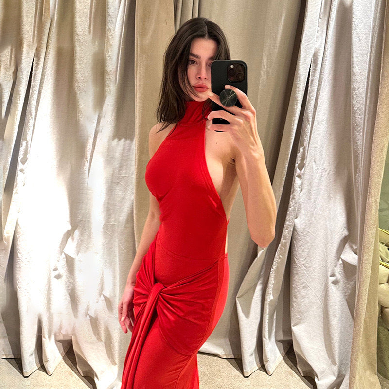 Amazon women's  spring new fashion elegant sleeveless backless halter neck tie sexy bodycon dress