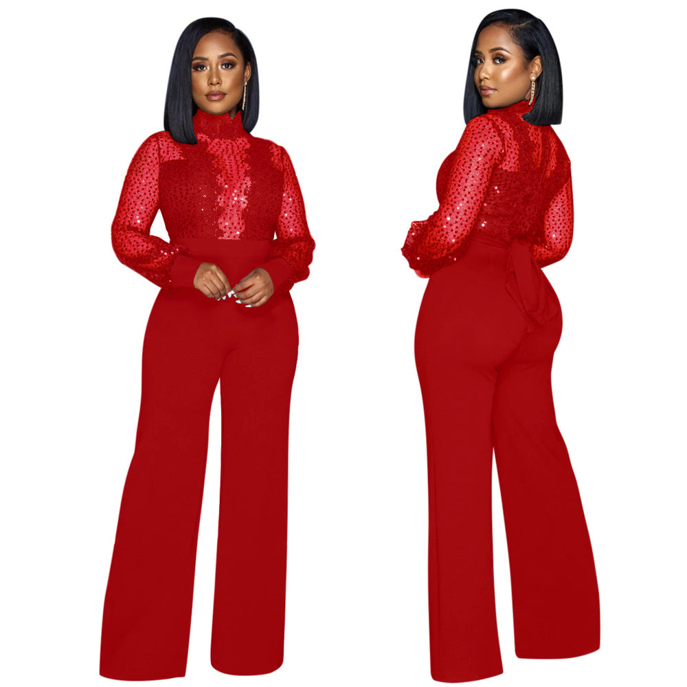 CY900106 European and American wish party style turtleneck sequined lace perspective long-sleeved top, loose jumpsuit women
