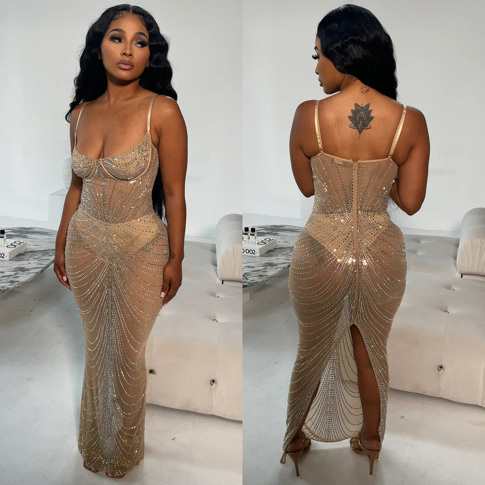 C6613 cross-border   fashion women's solid color mesh rhinestone camisole maxi dress