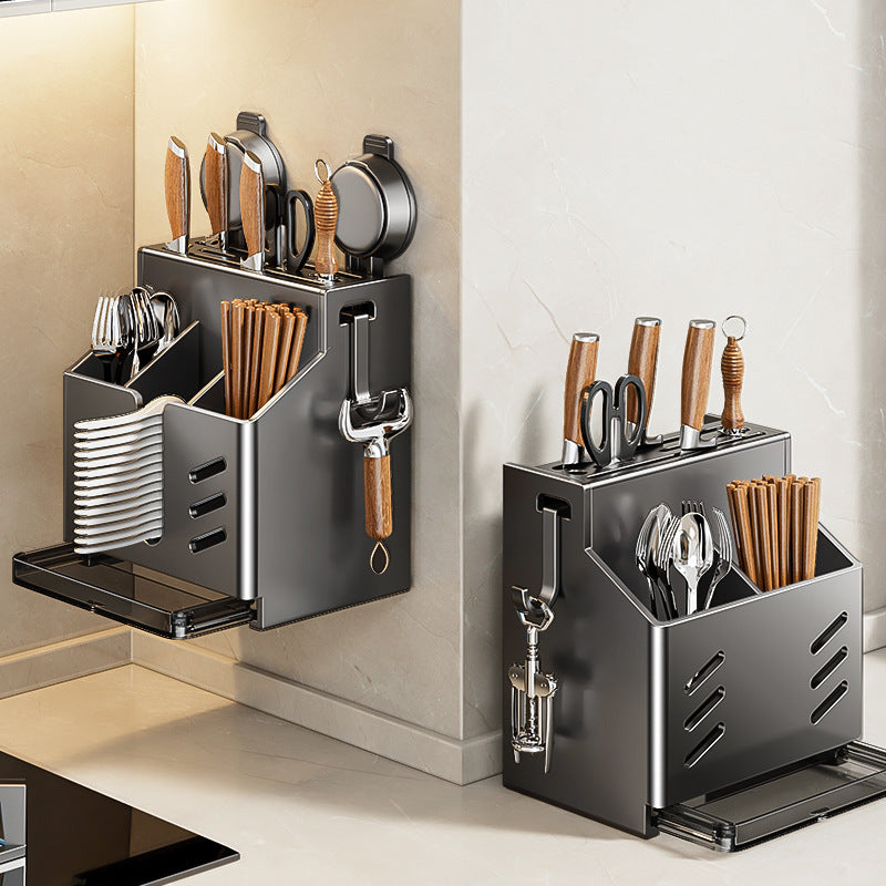 Household kitchen suction cup kitchen knife holder multi-functional shelf wall hanging non-punching chopsticks knife holder integrated storage box