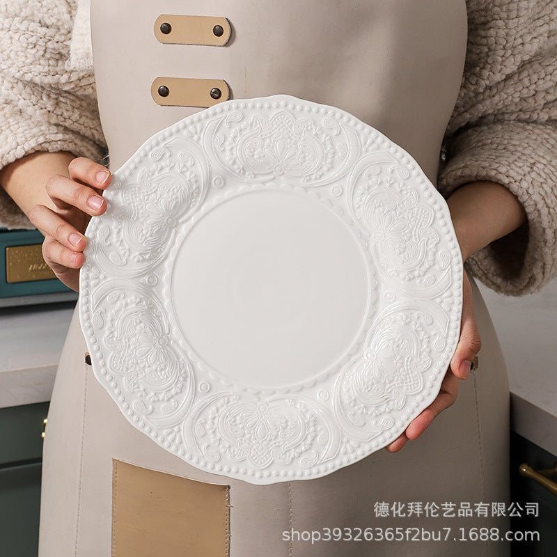 Embossed white retro western dinner plate, french steak plate, creative snack & dessert ceramic plate, cake plate