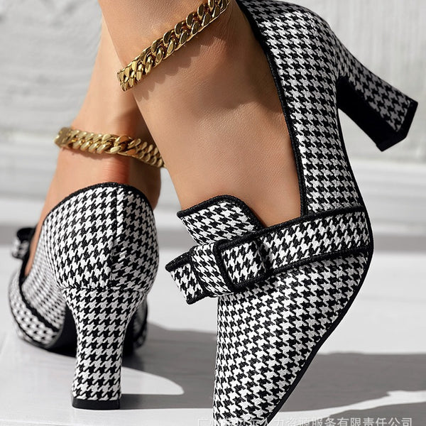 LZT7948 European and American  large size retro thick heel pointed women's single shoes medium heel casual shoes women's plaid fashion
