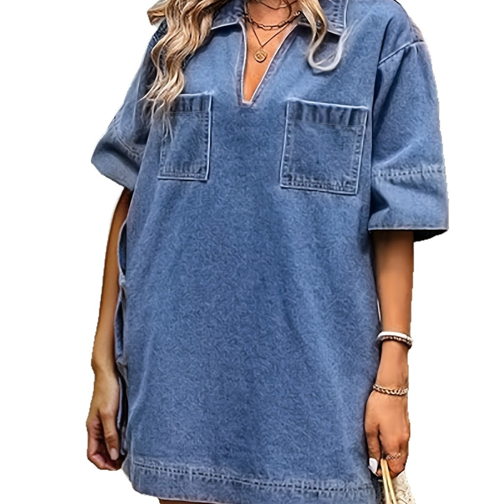 American retro washed half length sleeve denim dress women's loose shoulderless waist lazy casual short skirt wholesale