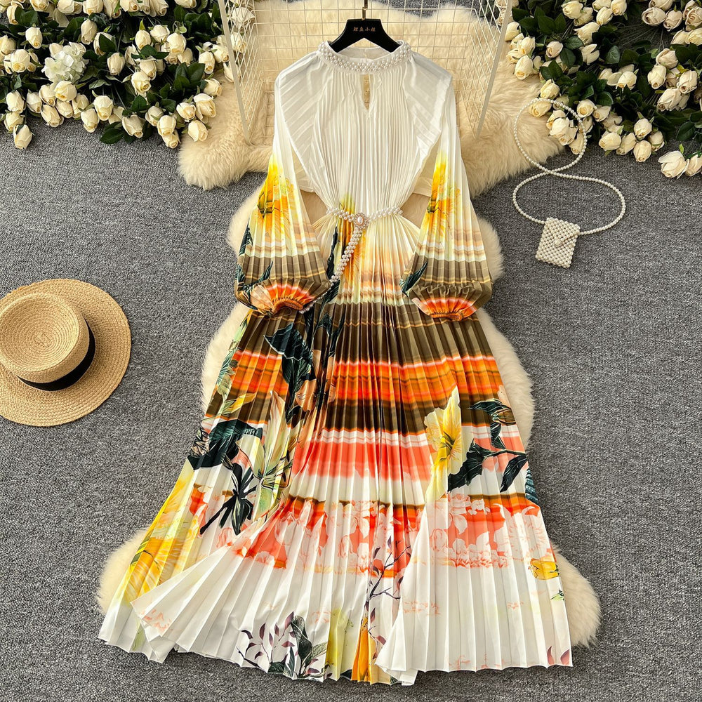 European and american style high-end round neck beaded lantern sleeve pearl belt waist-defining elegant long printed pleated dress