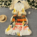 European and american style high-end round neck beaded lantern sleeve pearl belt waist-defining elegant long printed pleated dress