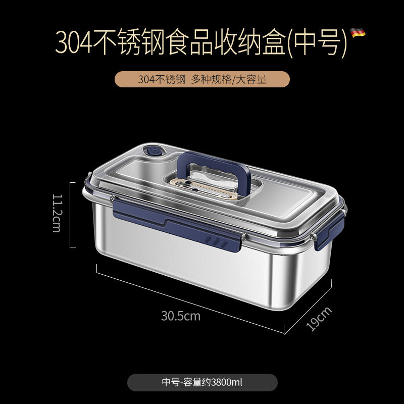 304 stainless steel handle fresh-keeping box, large capacity, portable and portable box with lid, refrigerator frozen and sealed storage box.