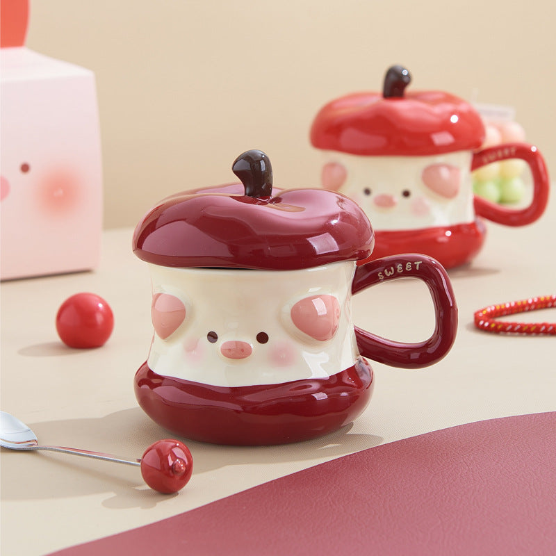Piggy apple mug ceramic cup underglaze ribbon lid home design cup office coffee cup wholesale